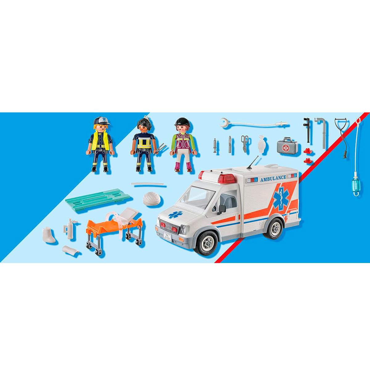 Ambulancia con juguetes y equipo médico.