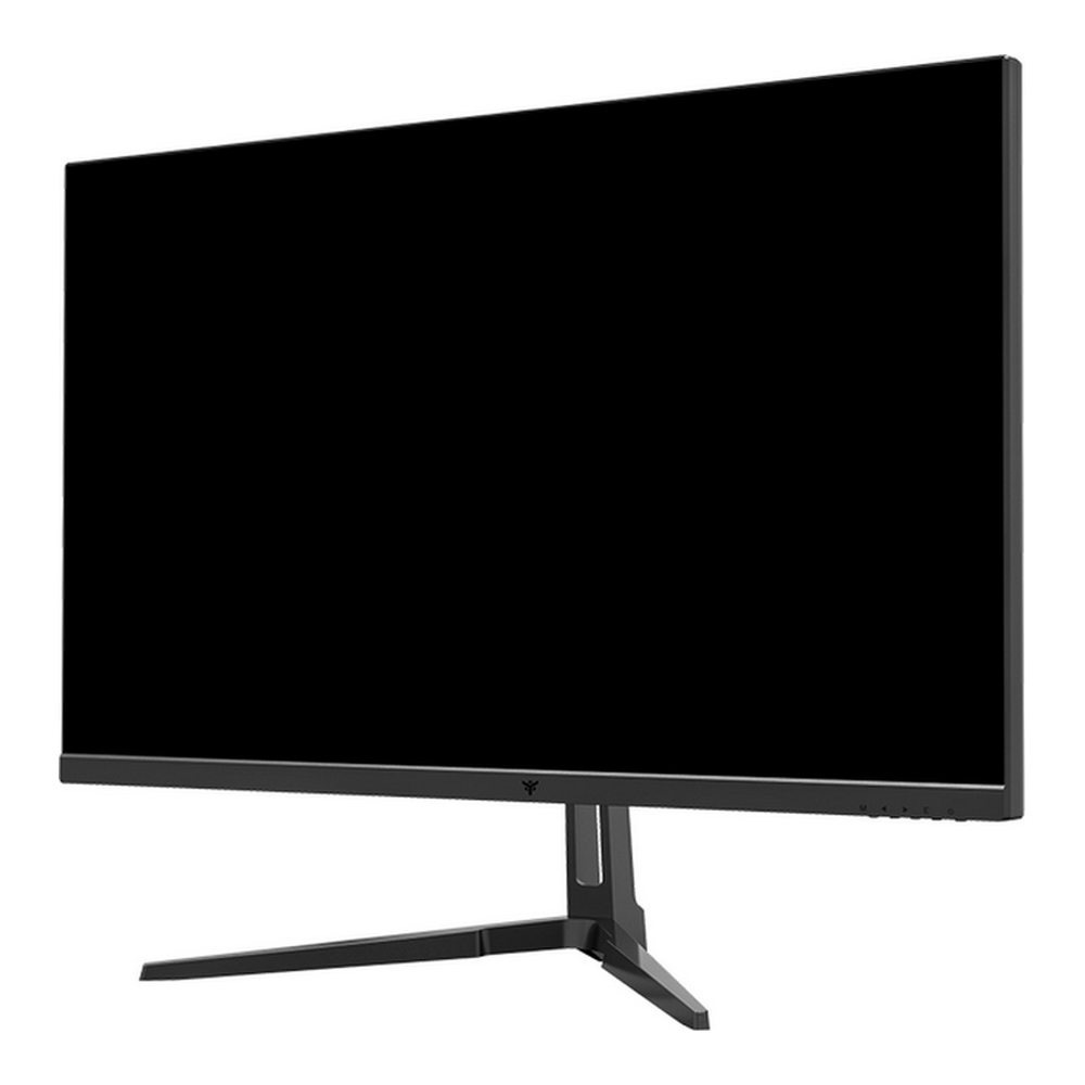 Un monitor di computer nero su un supporto.