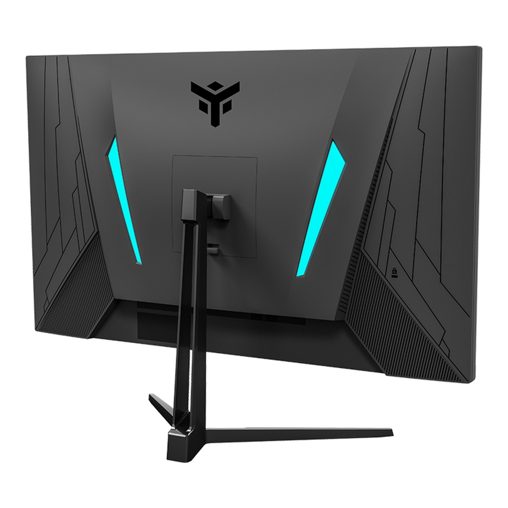 Il retro di un monitor nero con luci blu.