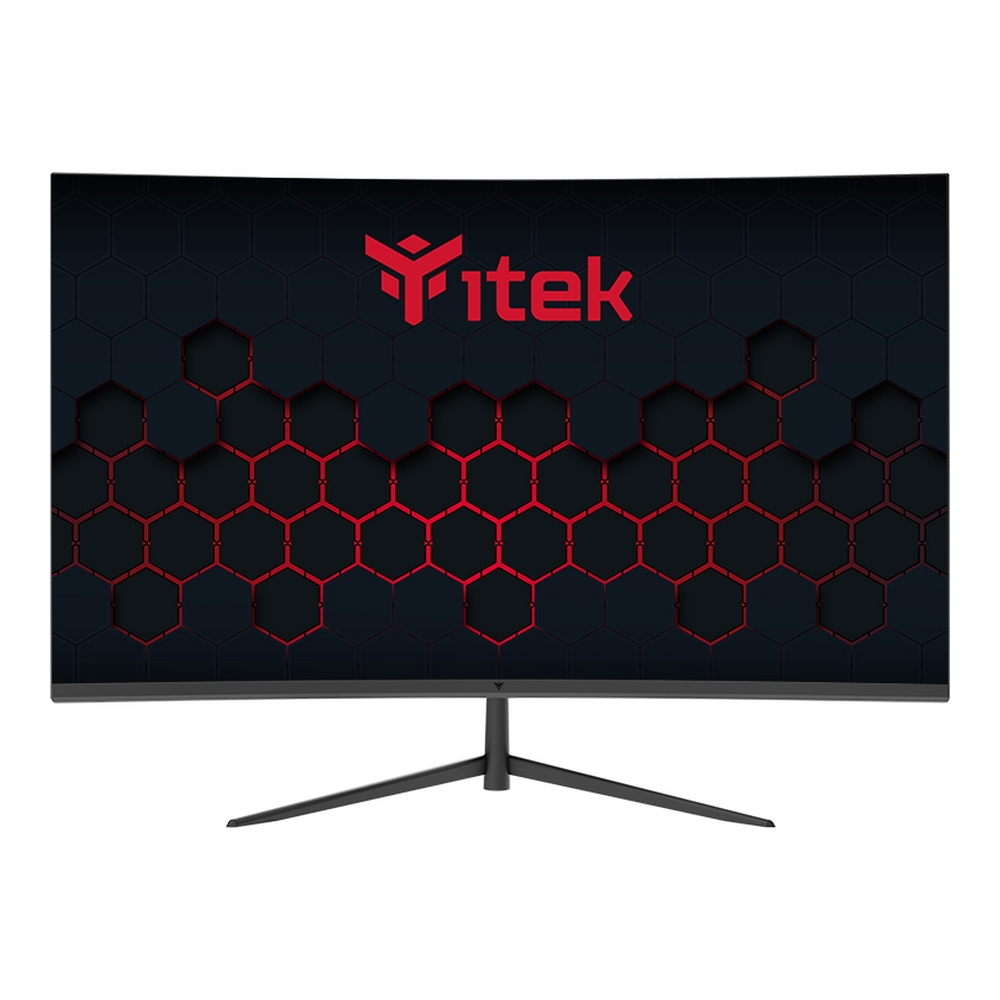 Zakrzywiony monitor do gier z czarnym wzorem plastra miodu i czerwonym logo, wyświetlany na eleganckim stojaku.