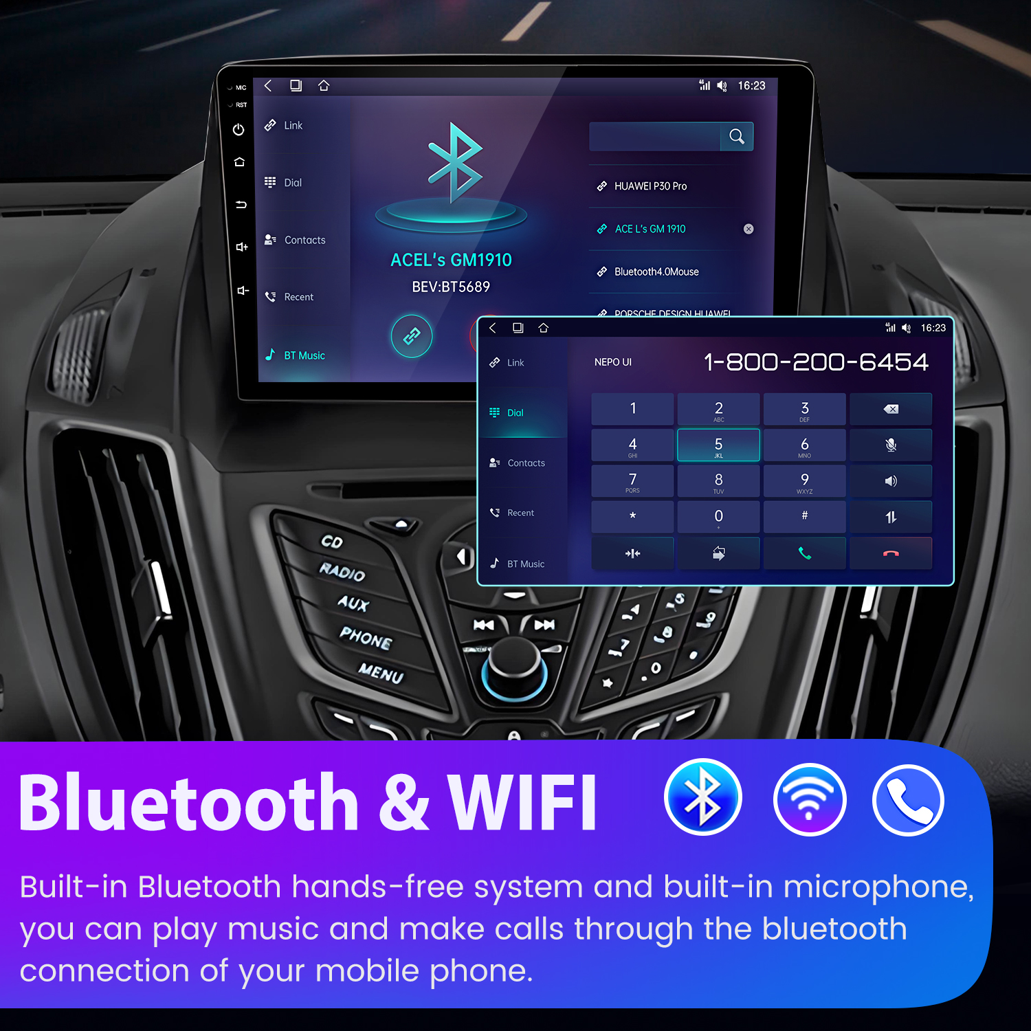 Deska rozdzielcza samochodu pokazuje łączność Bluetooth i WiFi na ekranie, podkreślając rozmowy w trybie głośnomówiącym i muzykę.