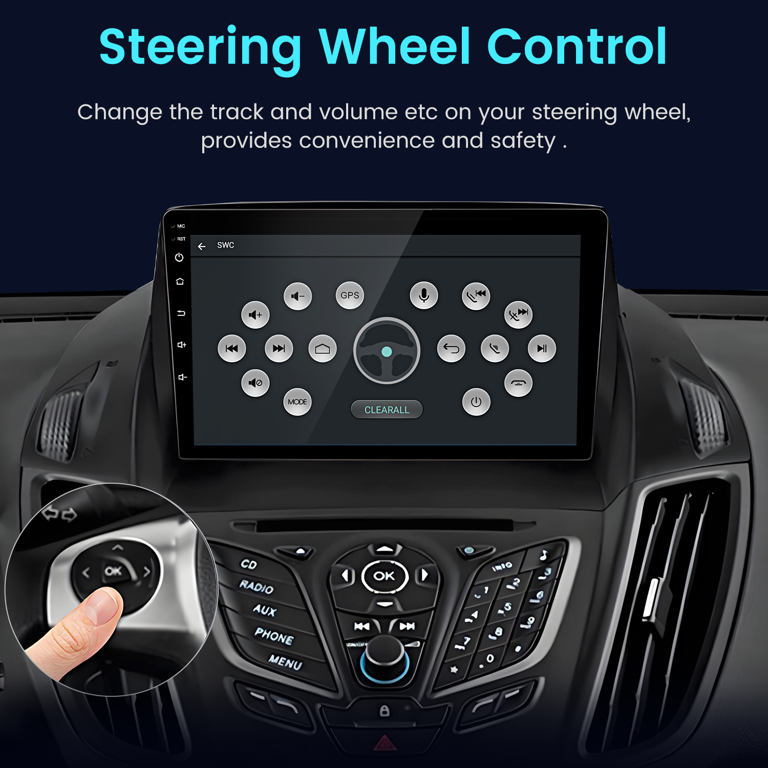 Panel samochodu z ekranem dotykowym wyświetlającym ikony i dłonią naciskającą przycisk na kierownicy.