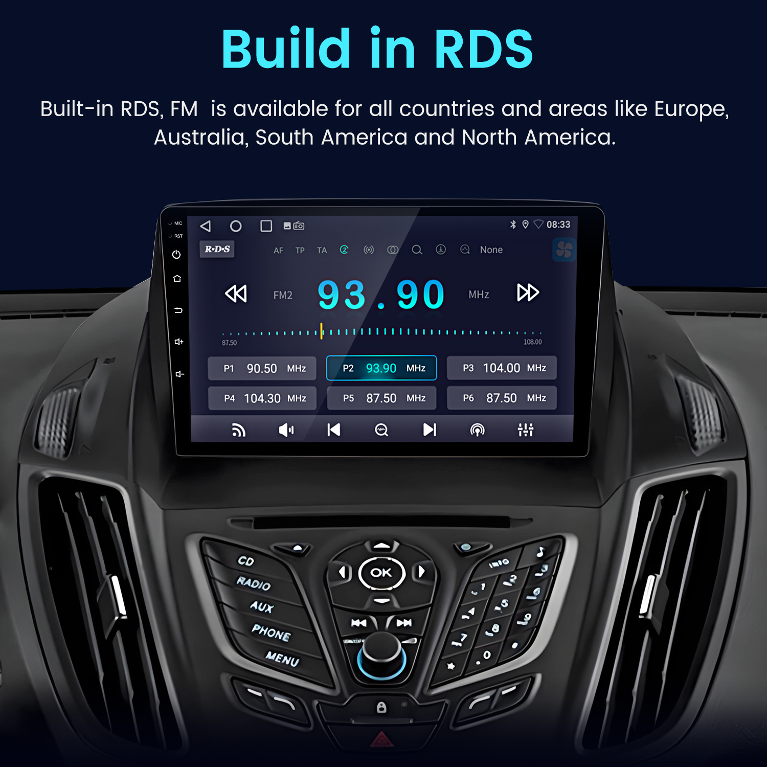 Wyświetlacz deski rozdzielczej samochodu pokazuje częstotliwości radiowe i zaprogramowane stacje, podkreślając funkcjonalność RDS dla Europy i Ameryki.