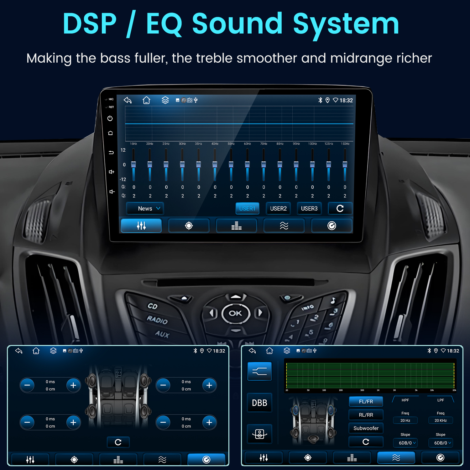 Interfejs systemu audio w samochodzie pokazujący ustawienia korektora, regulacje dźwięku i różne opcje wyjścia audio na ekranie.