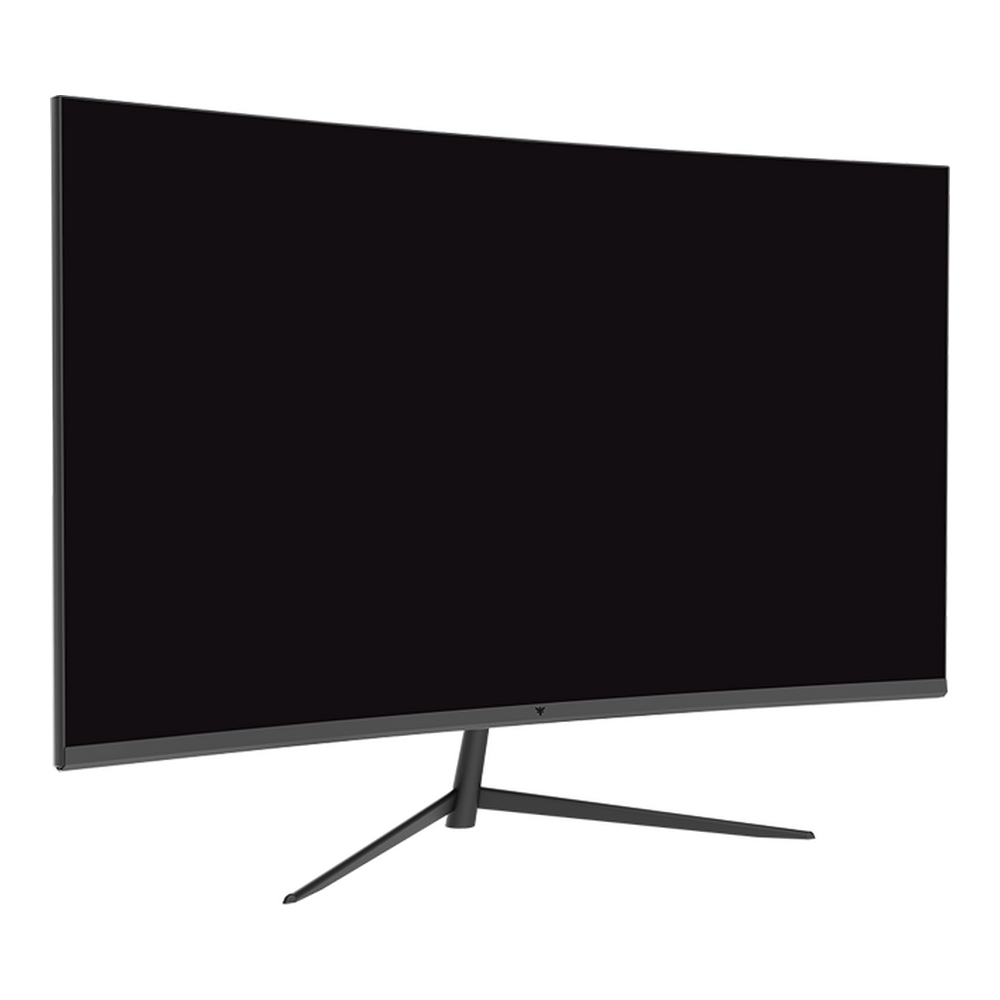 Zakrzywiony monitor z pustym ekranem stoi na podstawie w kształcie litery V na białym tle, prezentując swój elegancki wygląd.