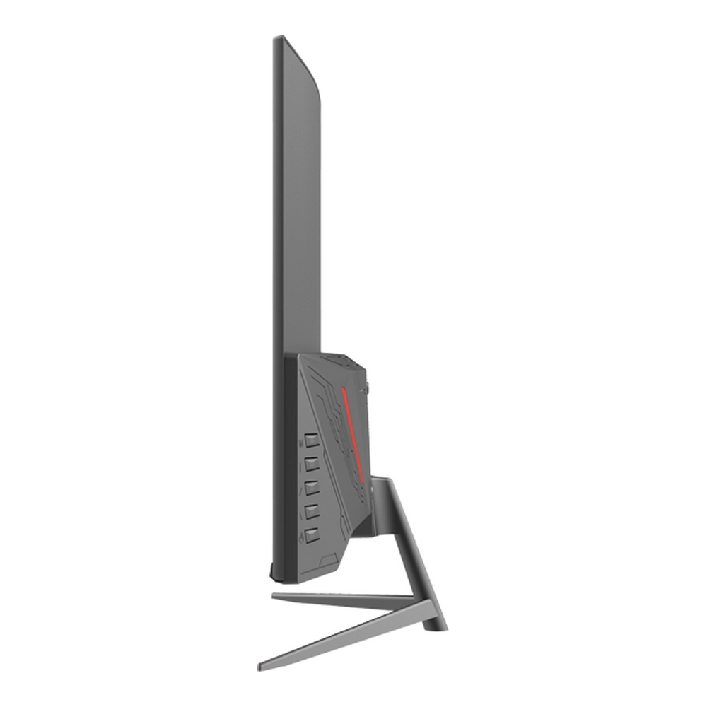 Widok z boku szarego monitora komputerowego o nowoczesnym wyglądzie i geometrycznej podstawie na białym tle.