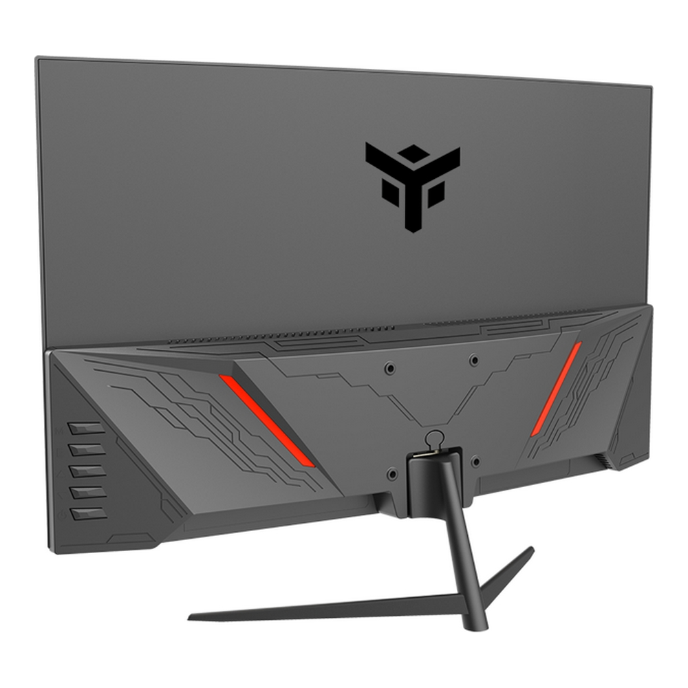 Tył czarnego monitora ze stojakiem i czerwonymi akcentami na dole.