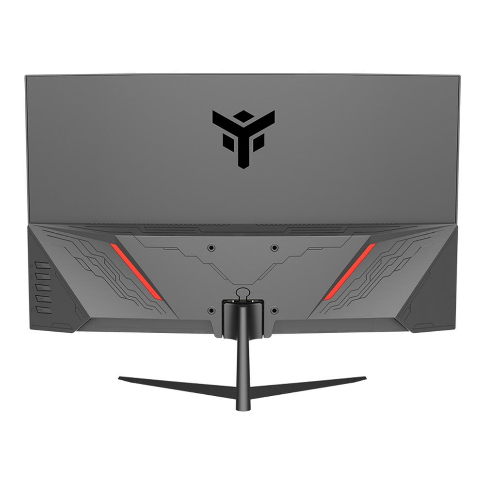 Widok z tyłu szarego monitora z logo i czerwonymi akcentami na czarnym stojaku.