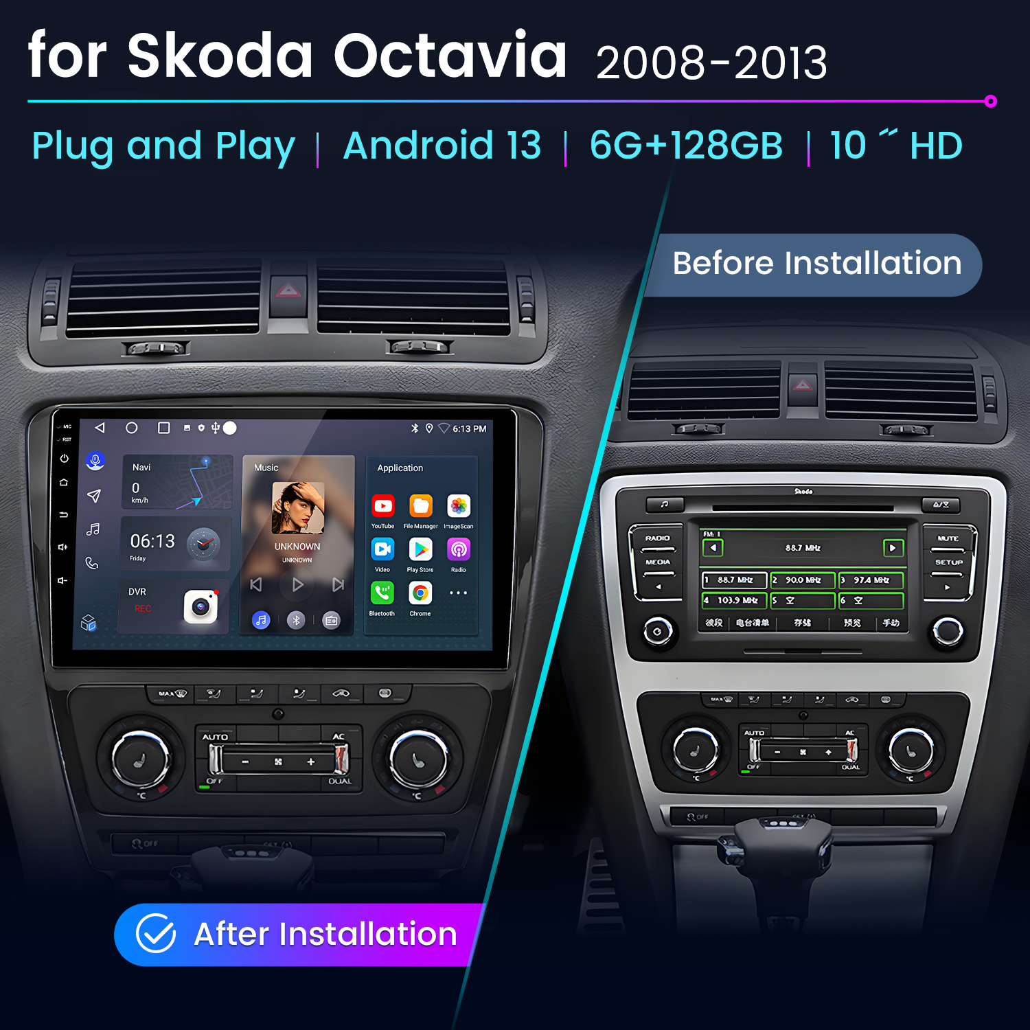 Panel samochodu przed i po instalacji systemu multimedialnego z ekranem dotykowym.