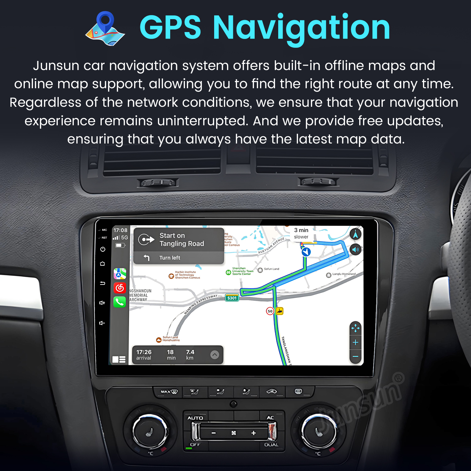 Deska rozdzielcza samochodu z nawigacją GPS pokazująca trasę na Tangling Road, wyświetlająca czas przybycia i odległość.