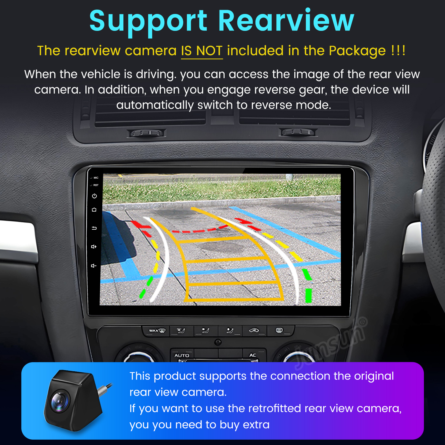 Panel samochodu z ekranem wyświetlającym widok z kamery cofania i oddzielnym modułem kamery.