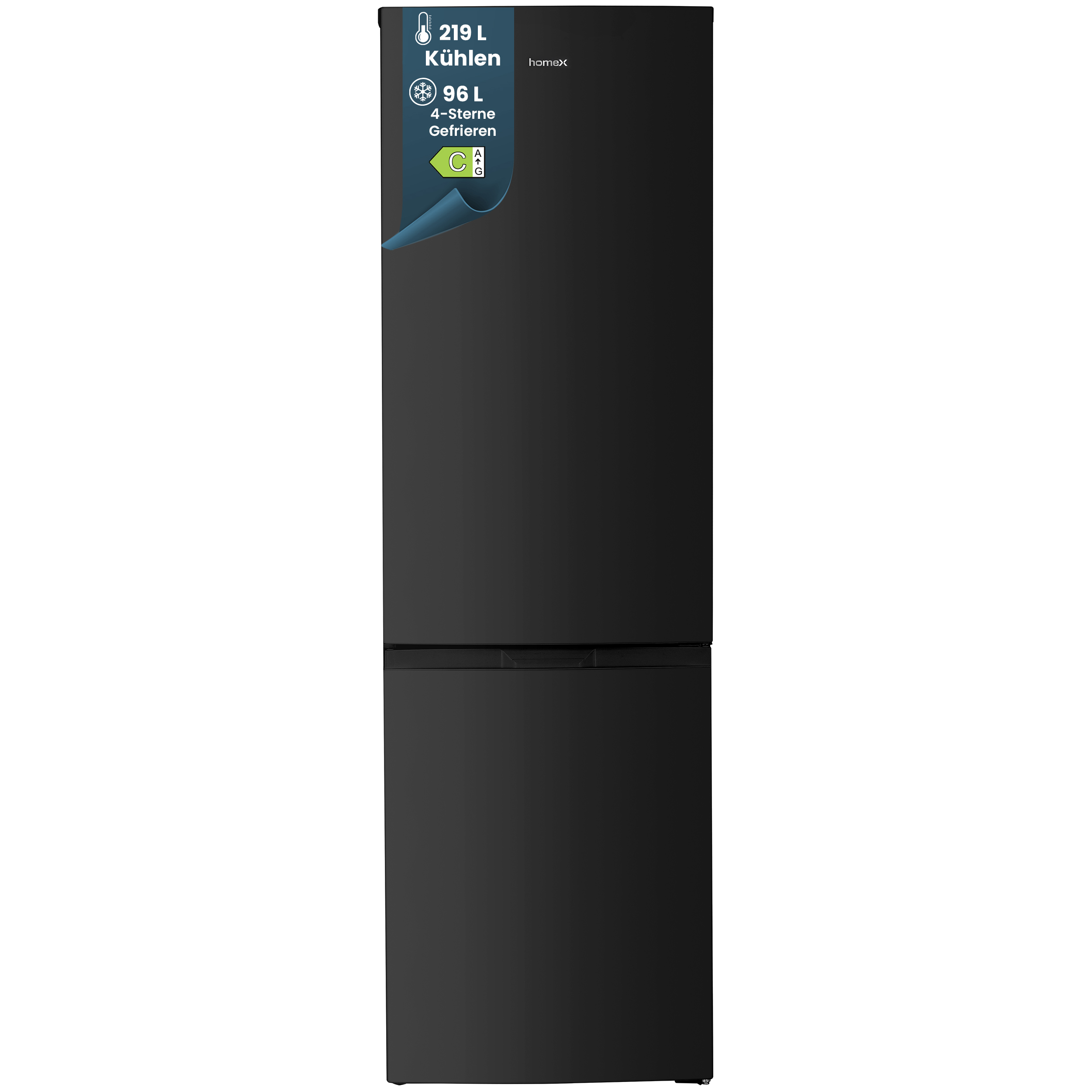 Schwarzer Kühlschrank mit zwei Türen, Hamax-Logo und Energieeffizienzlabel auf der Tür.