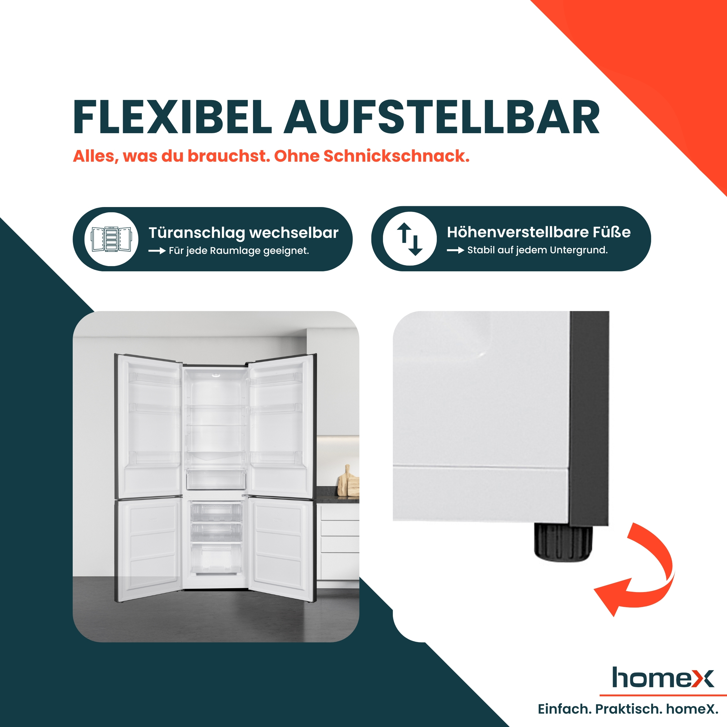 Werbung mit Kühlschrank und verstellbaren Füßen. Text: 'Flexibel aufstellbar' und 'Alles, was du brauchst, ohne Schnickschnack'.