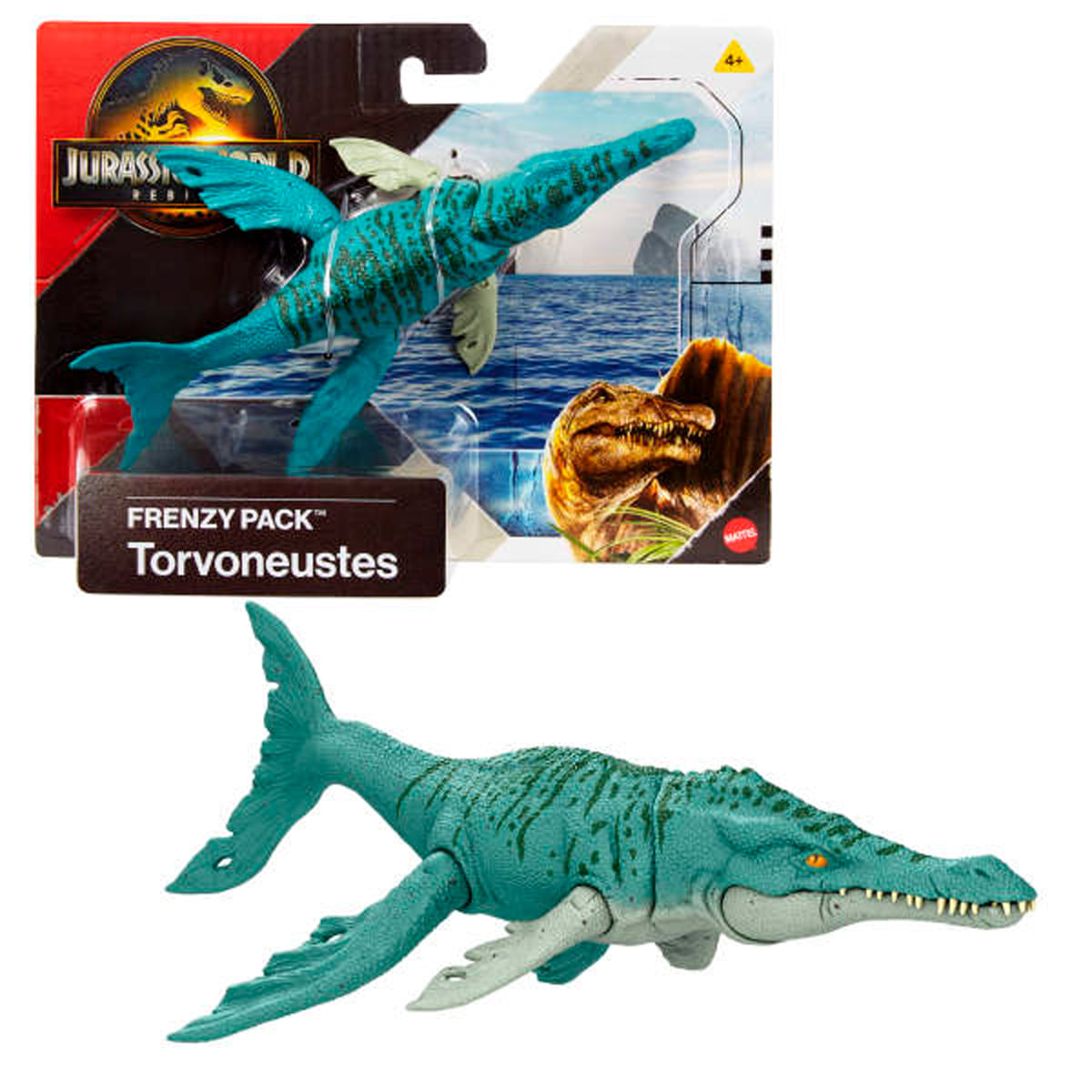 Een blauwe en groene speelgoeddinosaurus met zijn verpakking. Het speelgoed is van Torvoneustes.
