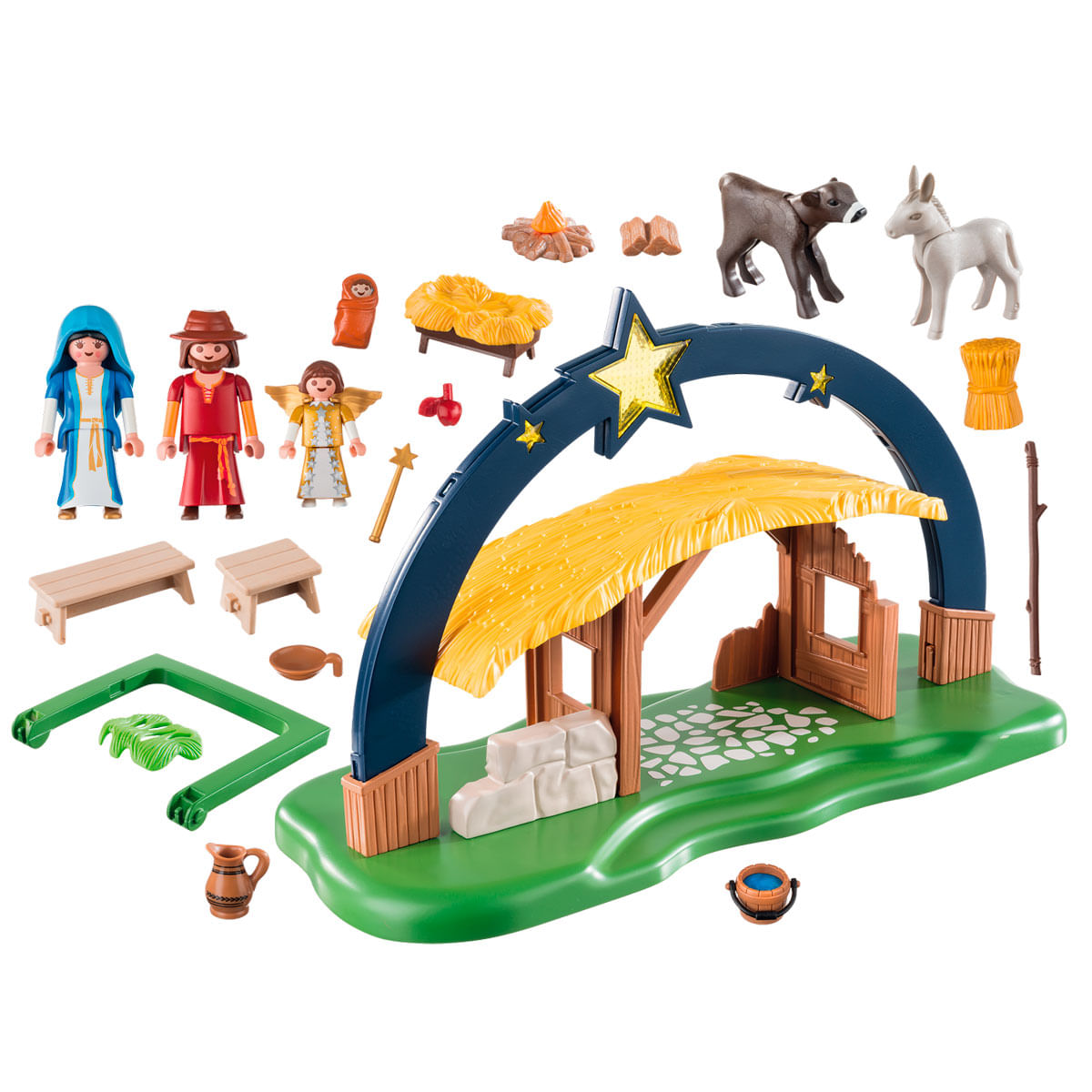 Un presepe con le figure di Maria, Giuseppe, Gesù bambino, angeli, animali e una stalla.