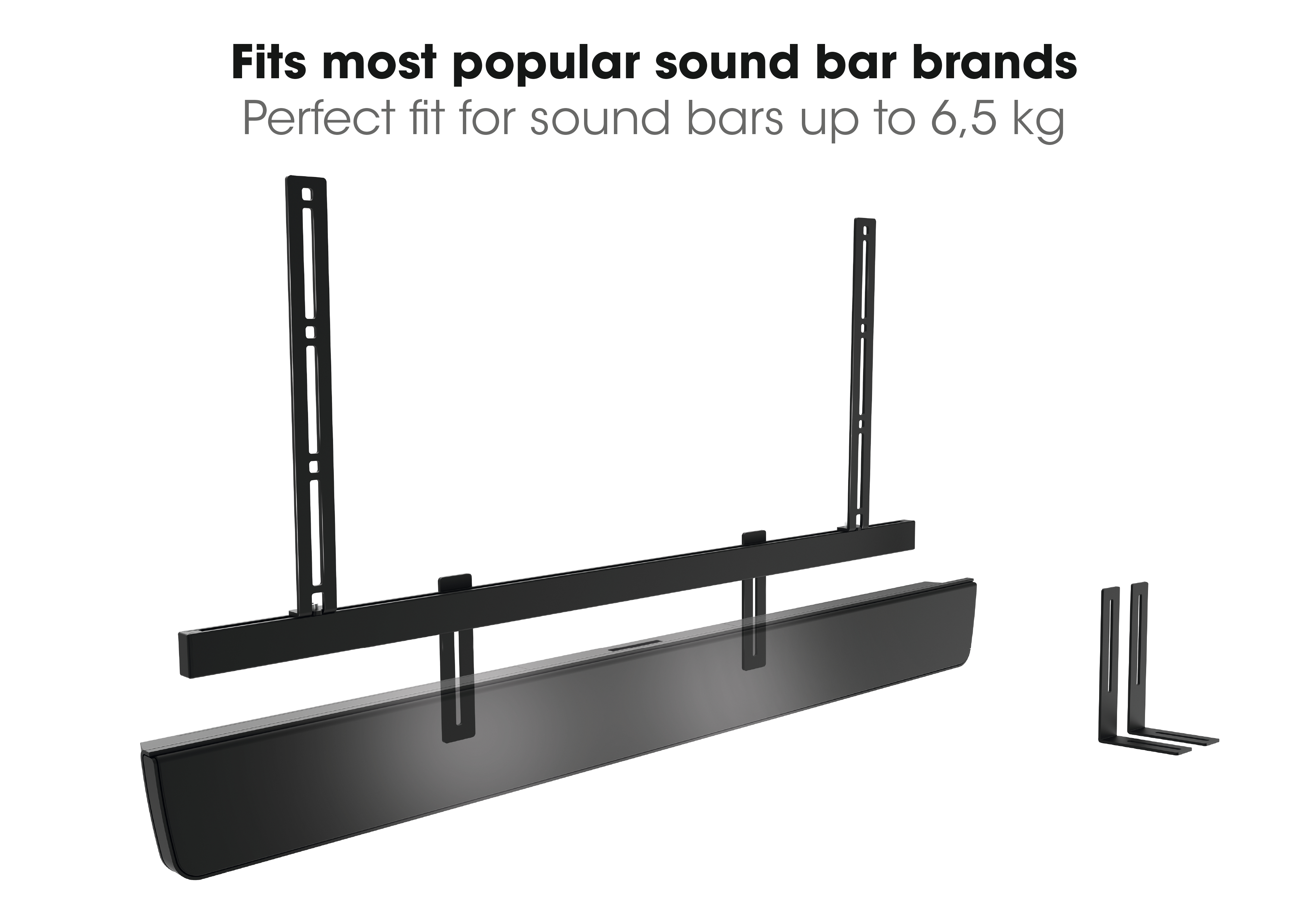 Czarny uchwyt do soundbara z tekstem powyżej. Zawiera wsporniki i soundbar. Białe tło.