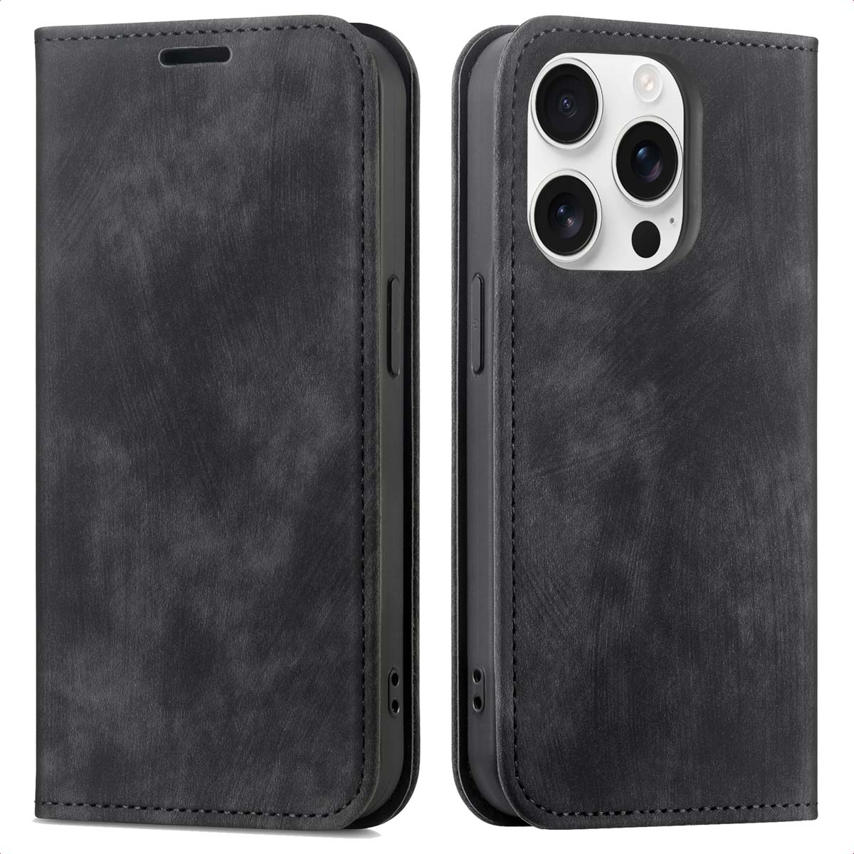 Un étui de téléphone en cuir noir, fermé à gauche et ouvert à droite, avec un téléphone à l'intérieur.