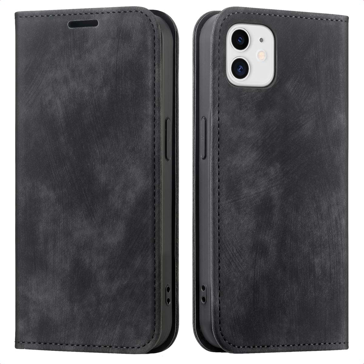 Un étui de téléphone en cuir noir fermé et ouvert. L'étui ouvert montre la caméra du téléphone et une partie de l'écran.