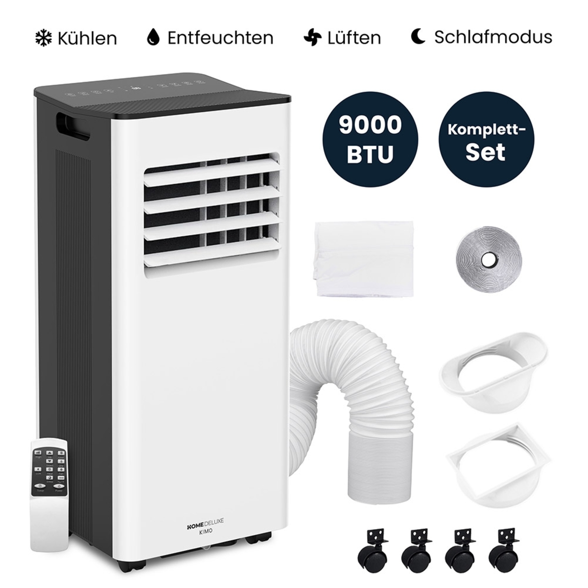 Weiß-schwarzes tragbares Klimagerät mit Zubehör. Knöpfe oben. Fernbedienung links. Text darauf.