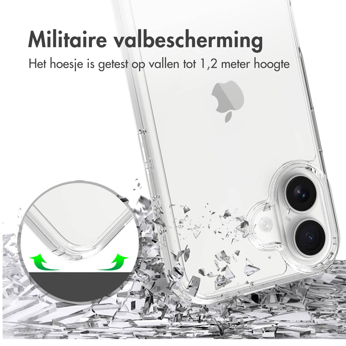 Phone case shown with impact damage, apple logo visible. Text says military fall protection, tested up to 1.2 meters.