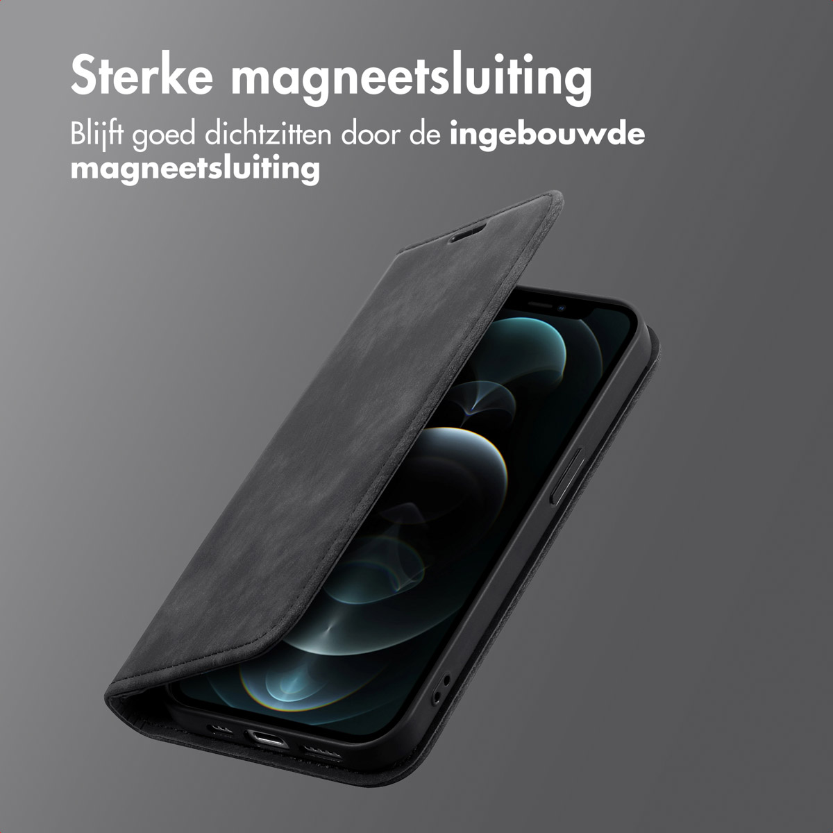 Schwarze Handyhülle mit geöffneter Lasche. Text: starker Magnetverschluss. Telefon ist teilweise sichtbar.