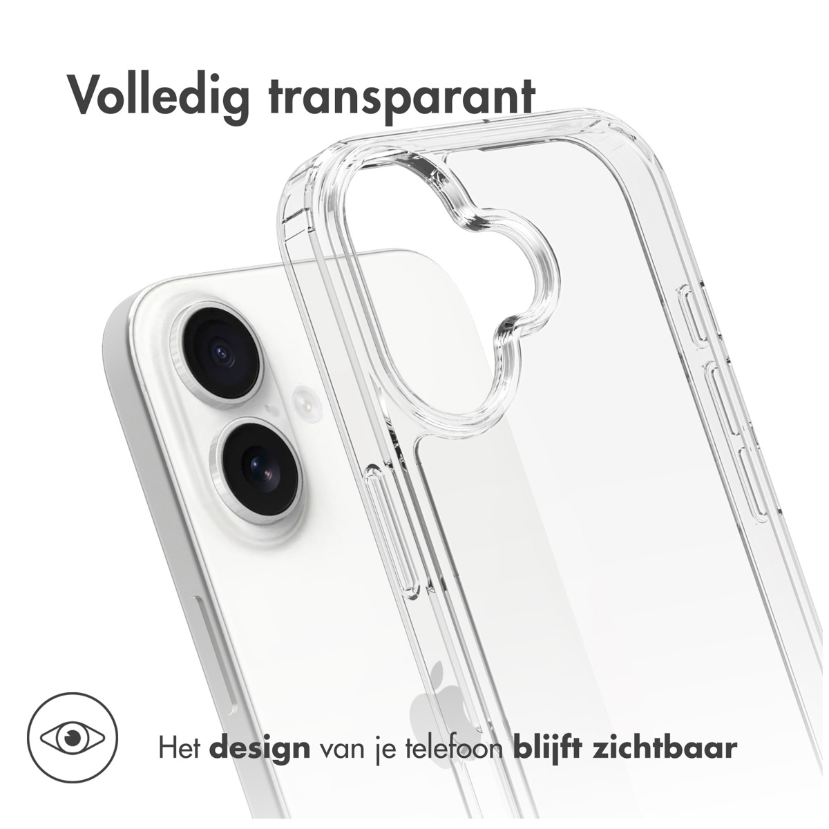 Clear phone case with phone inside. Text says: fully transparent. The phone's design remains visible.