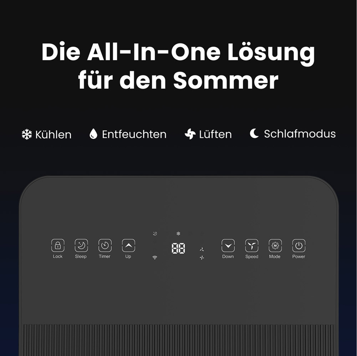 Klimaanlagen-Bedienfeld mit verschiedenen Symbolen und einer Digitalanzeige.