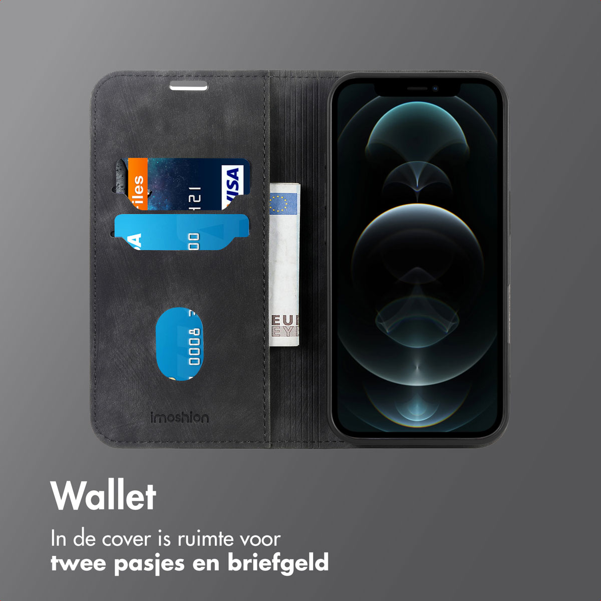 Eine Brieftaschen-Handyhülle mit Karten und Bargeld im Inneren ist geöffnet und zeigt einen Telefonbildschirm.