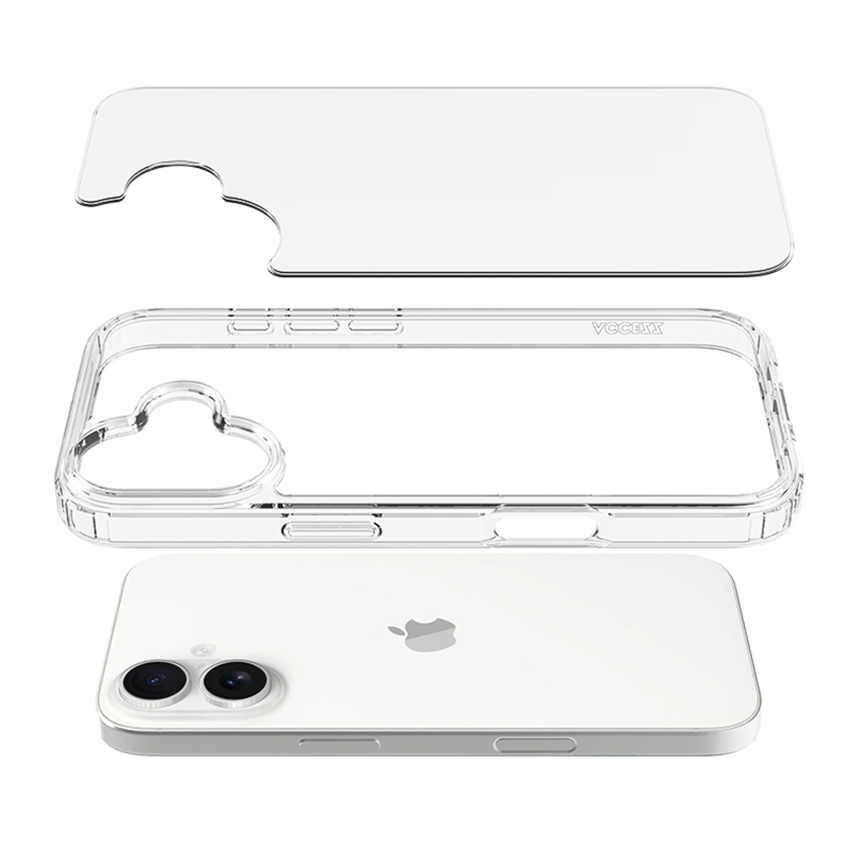 Phone disassembled into three parts: case, clear cover, and phone. All parts are on a white background.
