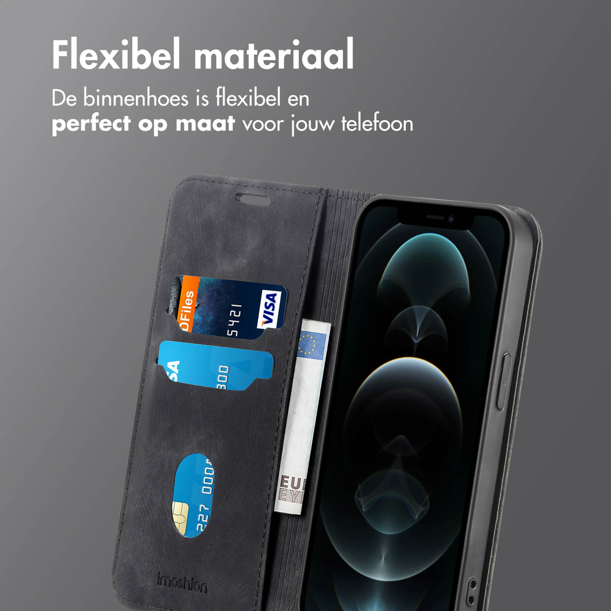 Étui portefeuille gris avec cartes de crédit et argent liquide visibles. Texte : matériau flexible, ajustement parfait pour votre téléphone.
