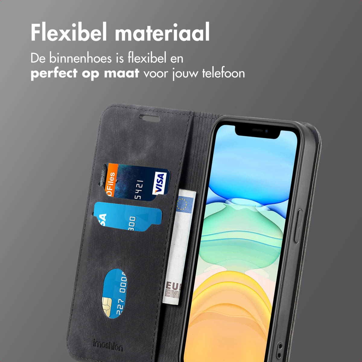 Un étui de téléphone avec un téléphone à l'intérieur, présentant des fentes pour cartes et une fente pour billets. Texte : Matériau flexible.