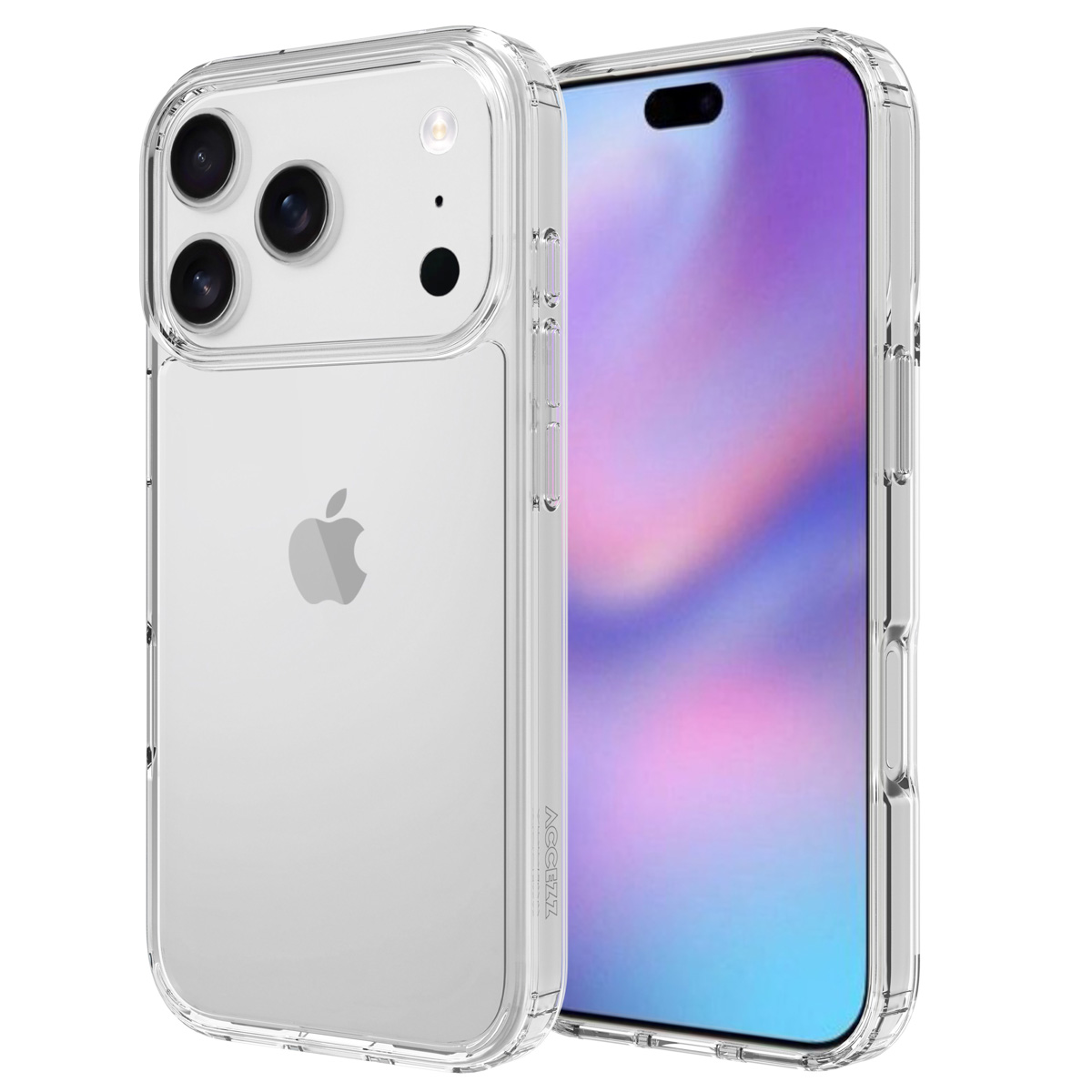 Una custodia trasparente per telefono su sfondo bianco, con un telefono all'interno. La custodia ha ritagli per la fotocamera e il logo Apple.