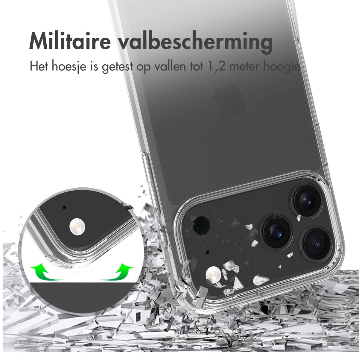 Een doorzichtig telefoonhoesje met een telefoon erin wordt getoond. De hoes is getest op vallen tot 1,2 meter.
