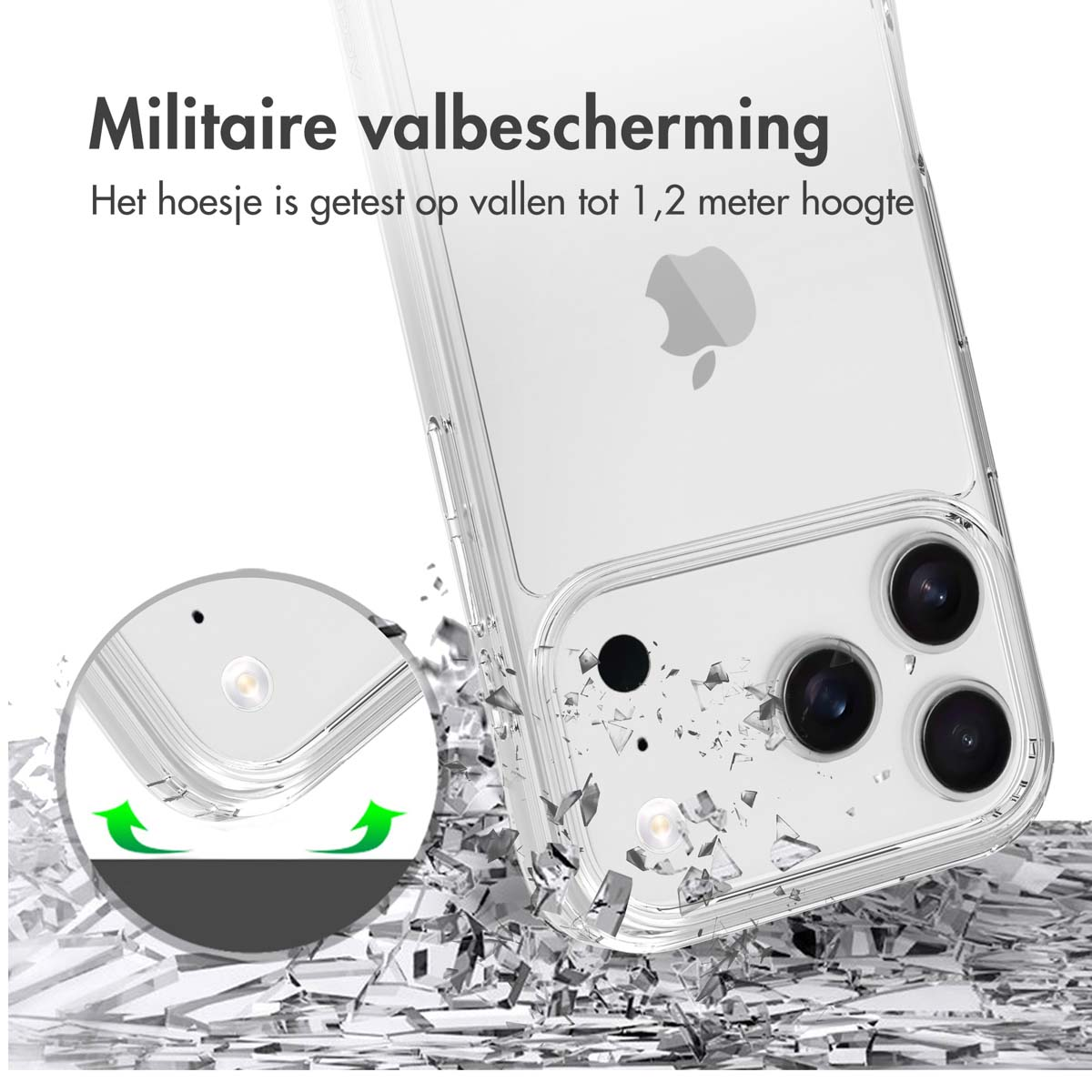 Viene mostrata una custodia trasparente per telefono, che mostra le sue caratteristiche di protezione contro gli impatti con un logo Apple al centro.