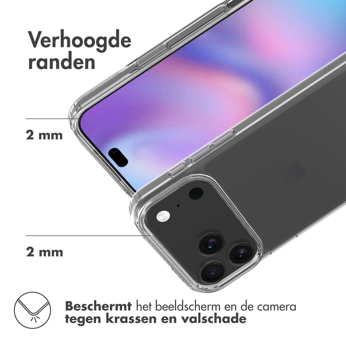 Een transparante telefoonhoes met verhoogde randen, die het scherm en de camera beschermt. Tekst: Beschermt het scherm en de camera.