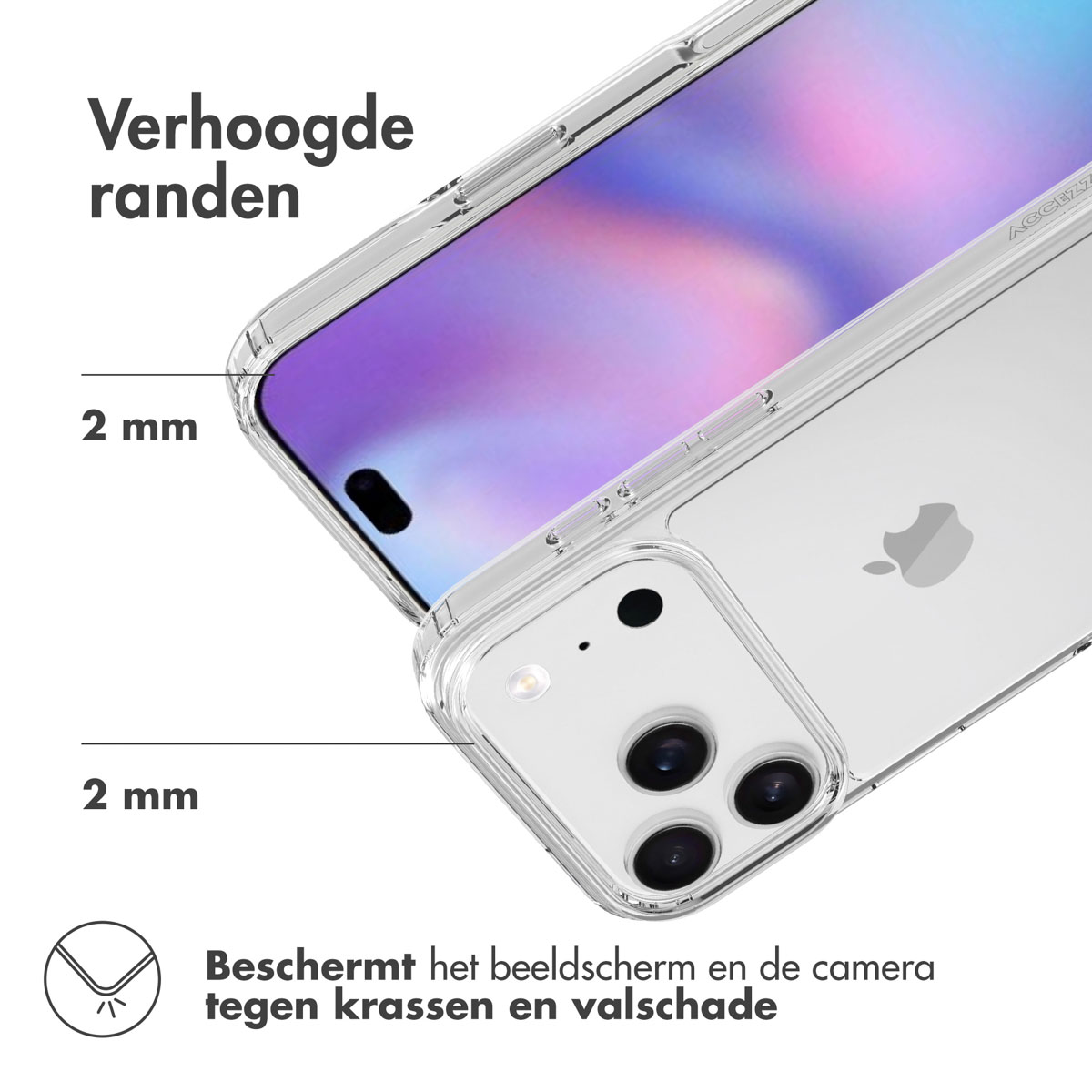 Primo piano di una custodia trasparente per telefono che mostra bordi rialzati di 2 mm per la protezione dello schermo e della fotocamera da graffi e danni da caduta.