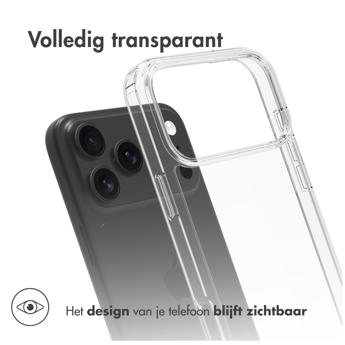 Een telefoon in een transparante hoes. Het ontwerp van de telefoon is zichtbaar door de transparante hoes. Tekst: Ontwerp blijft zichtbaar.