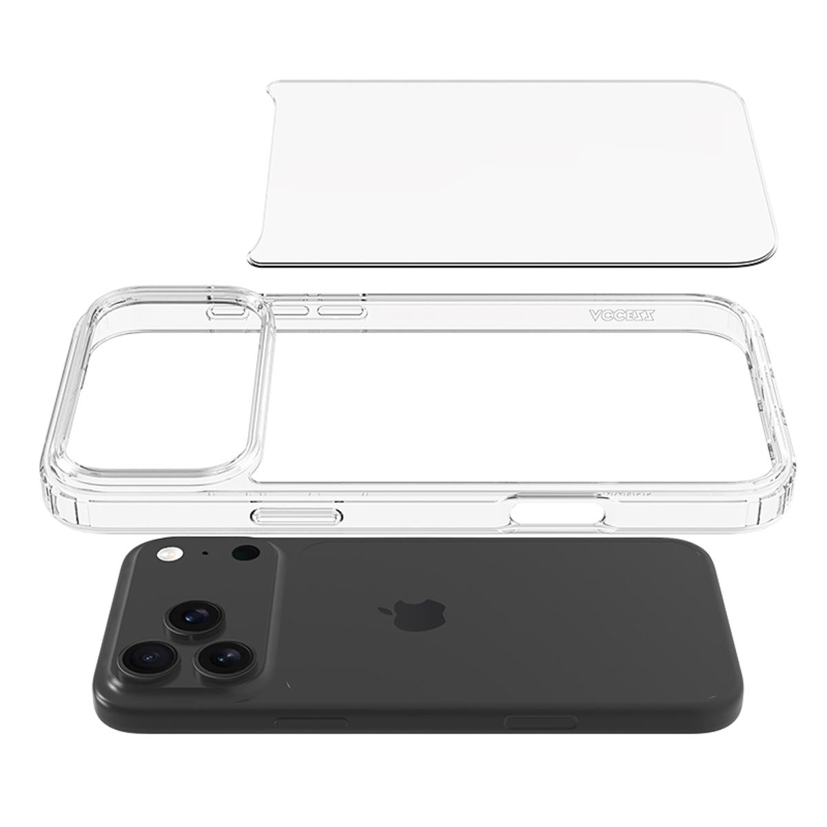 Een doorzichtige telefoonhoes wordt getoond in een exploded view, waarbij de hoes, telefoon en schermbeschermer afzonderlijk worden weergegeven.