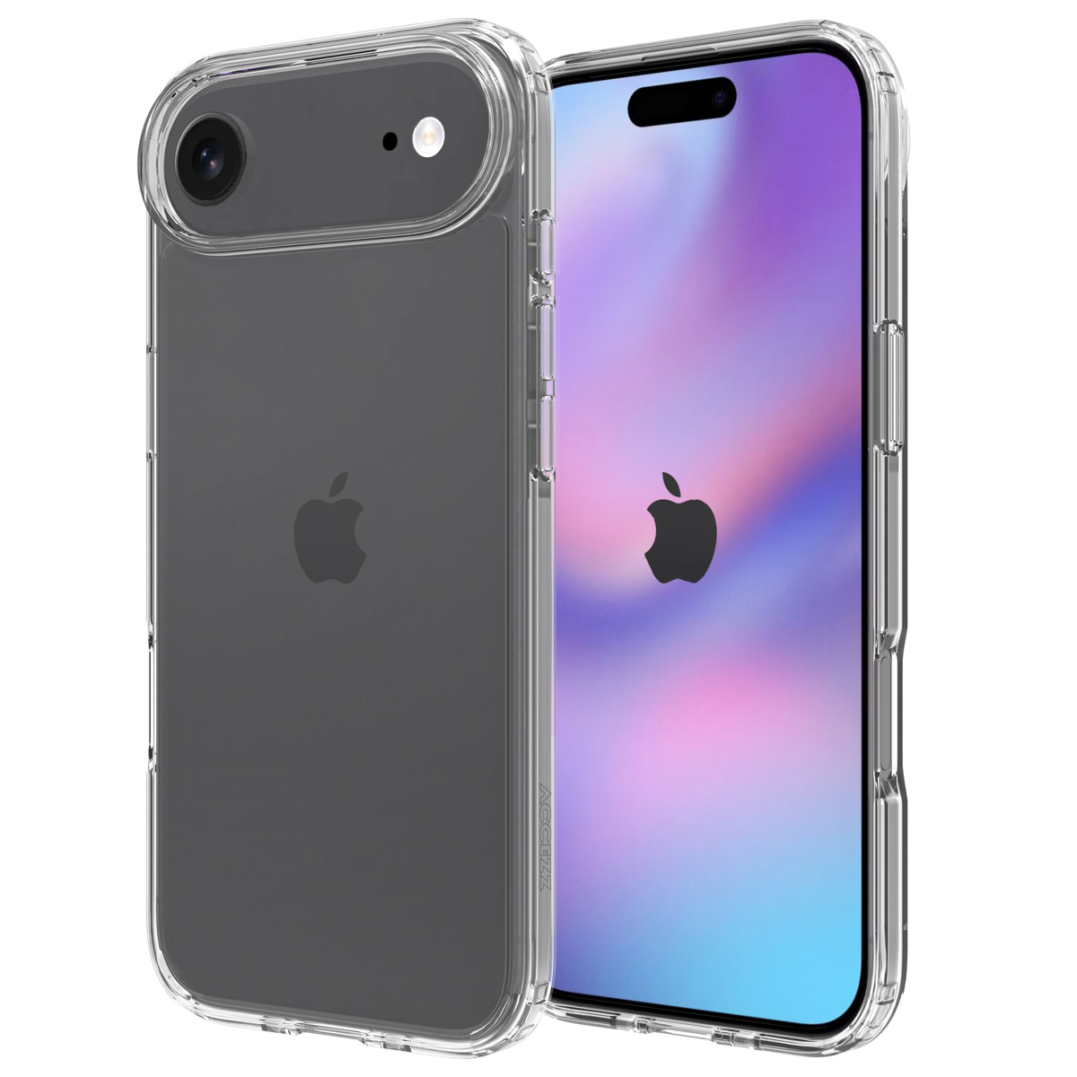 Un étui de téléphone transparent protège un téléphone gris, avec une caméra et un logo Apple, avec un protecteur d'écran vibrant appliqué.