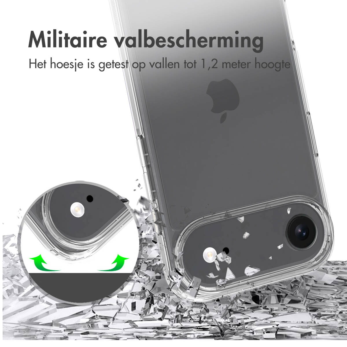 Un étui de téléphone transparent avec protection contre les chutes de qualité militaire, absorption des chocs montrée avec des flèches vertes et un logo Apple visible.