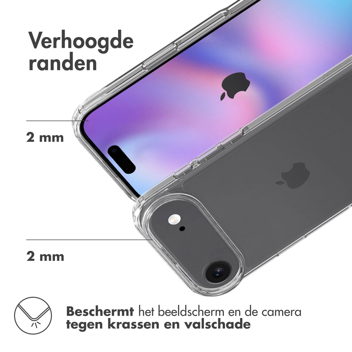 Gros plan sur un étui de téléphone avec un téléphone à l'intérieur. L'étui a des bords surélevés protégeant l'écran et la caméra.