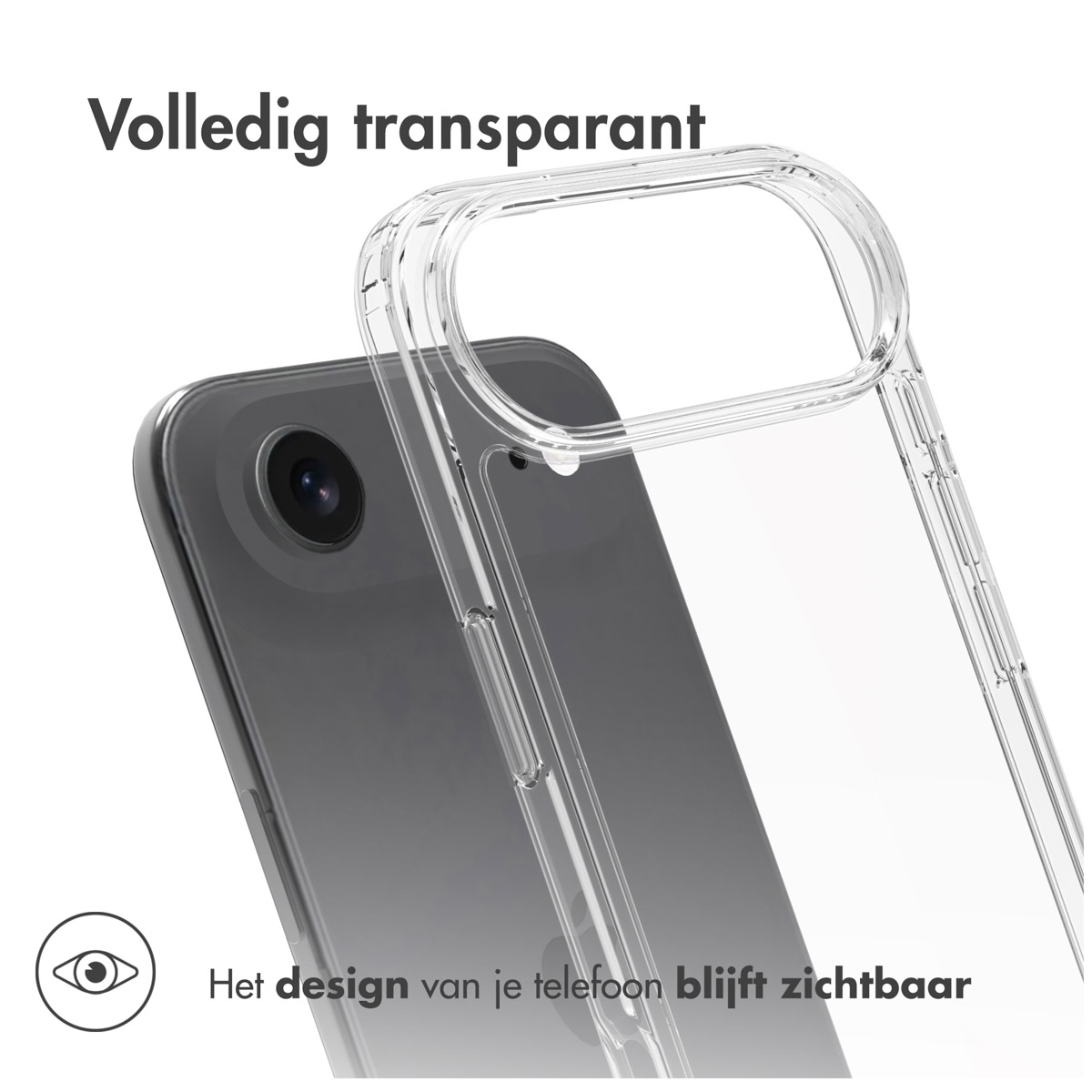 Un téléphone dans un étui transparent. Le design du téléphone est visible à travers l'étui transparent. Texte : Le design reste visible.