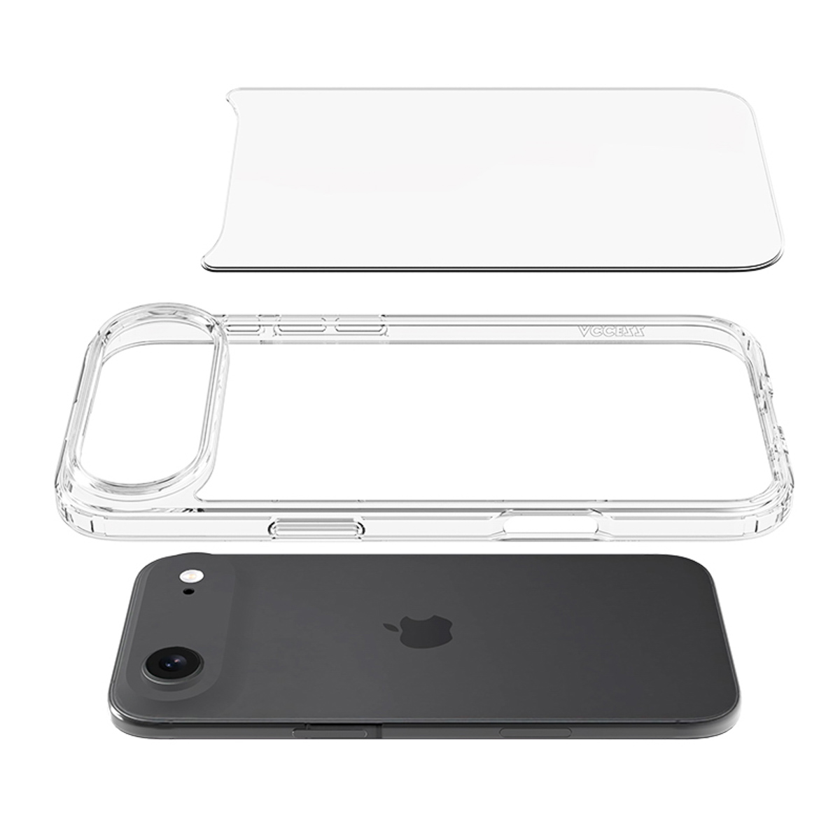 Un téléphone, un protecteur d'écran et un étui de téléphone transparent sont présentés, tous démontés sur fond blanc.