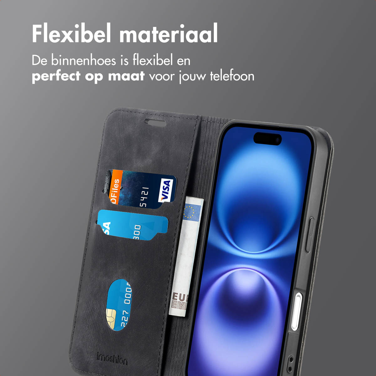 Eine Handyhülle mit einem Telefon darin, mit Kartenfächern und einem Geldscheinfach. Text: Flexibles Material.