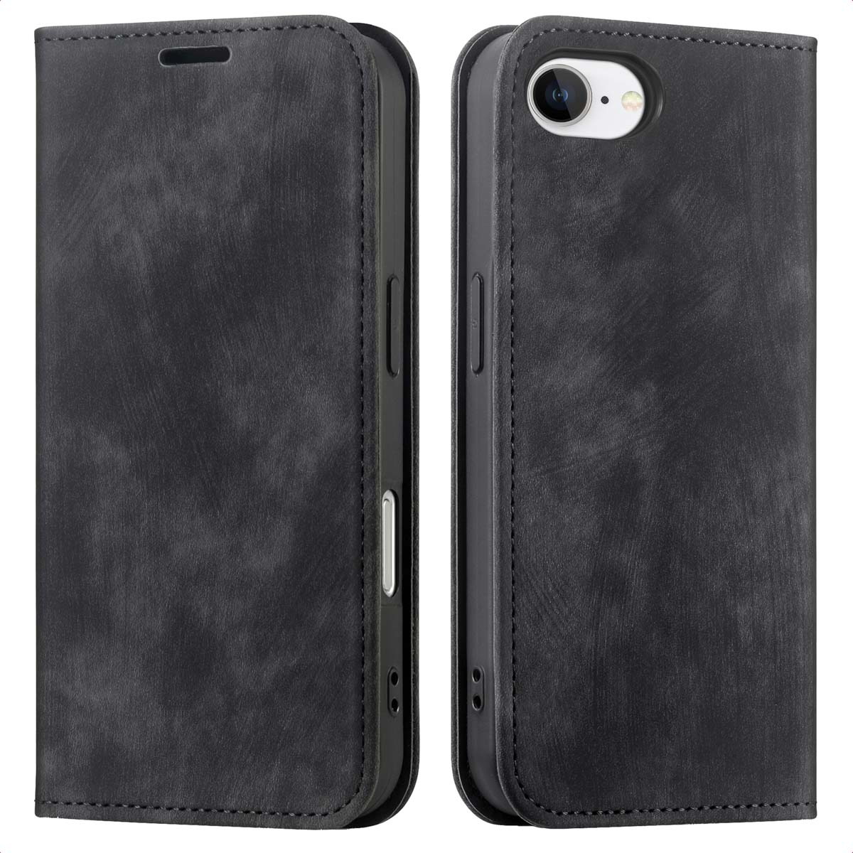 Étui de téléphone en cuir noir, ouvert et fermé, sur fond blanc. L'étui a une finition texturée et des coutures.