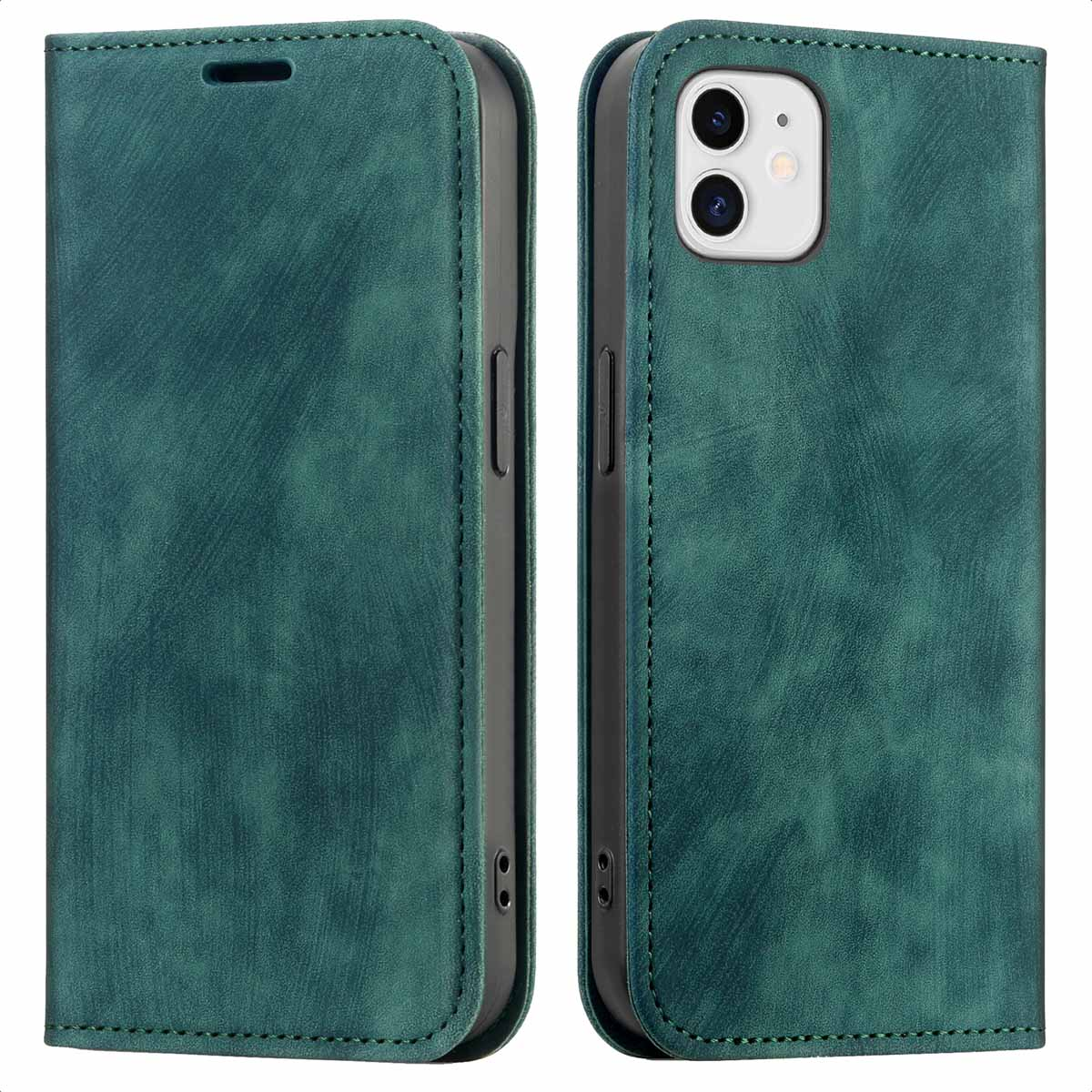 Coque de téléphone en cuir vert. Fermée, avec l'avant et l'arrière visibles. Caméra blanche à l'arrière.