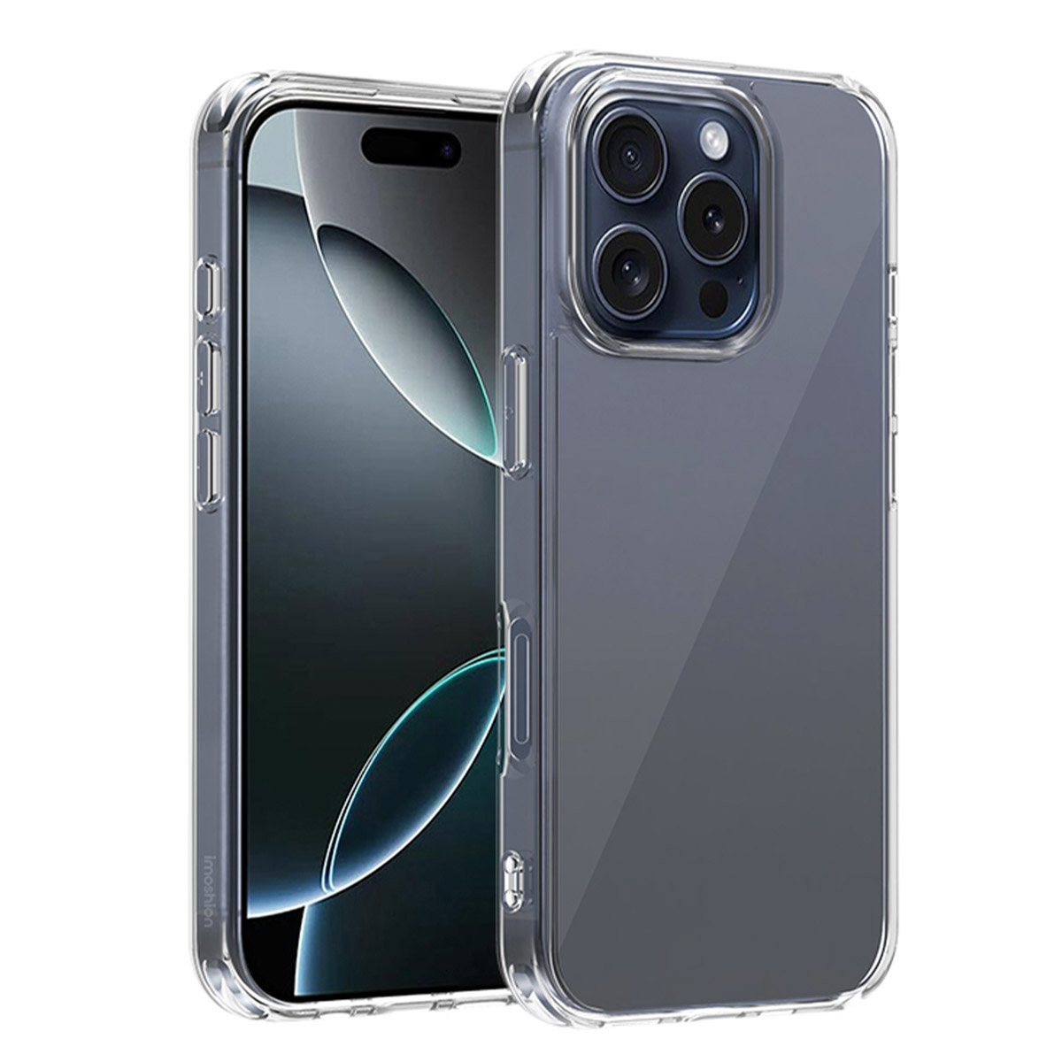 Een doorzichtige telefoonhoes op een telefoon. De telefoon heeft een camera en zit in de hoes. De hoes is doorzichtig.