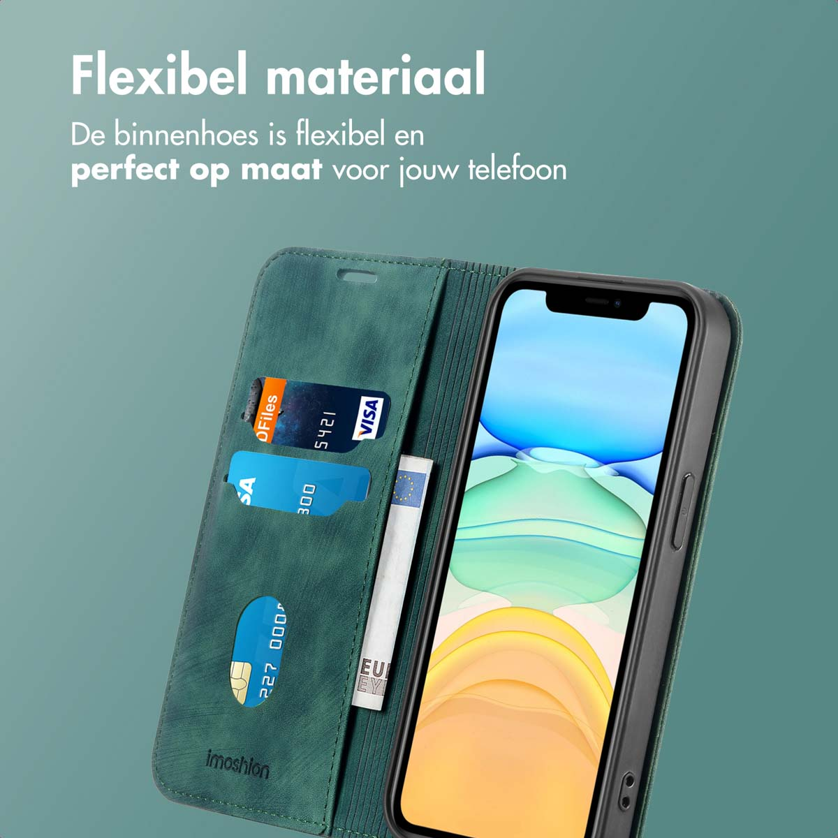 Un étui de téléphone vert ouvert avec des cartes de crédit et de l'argent à l'intérieur. L'étui est sur un téléphone.