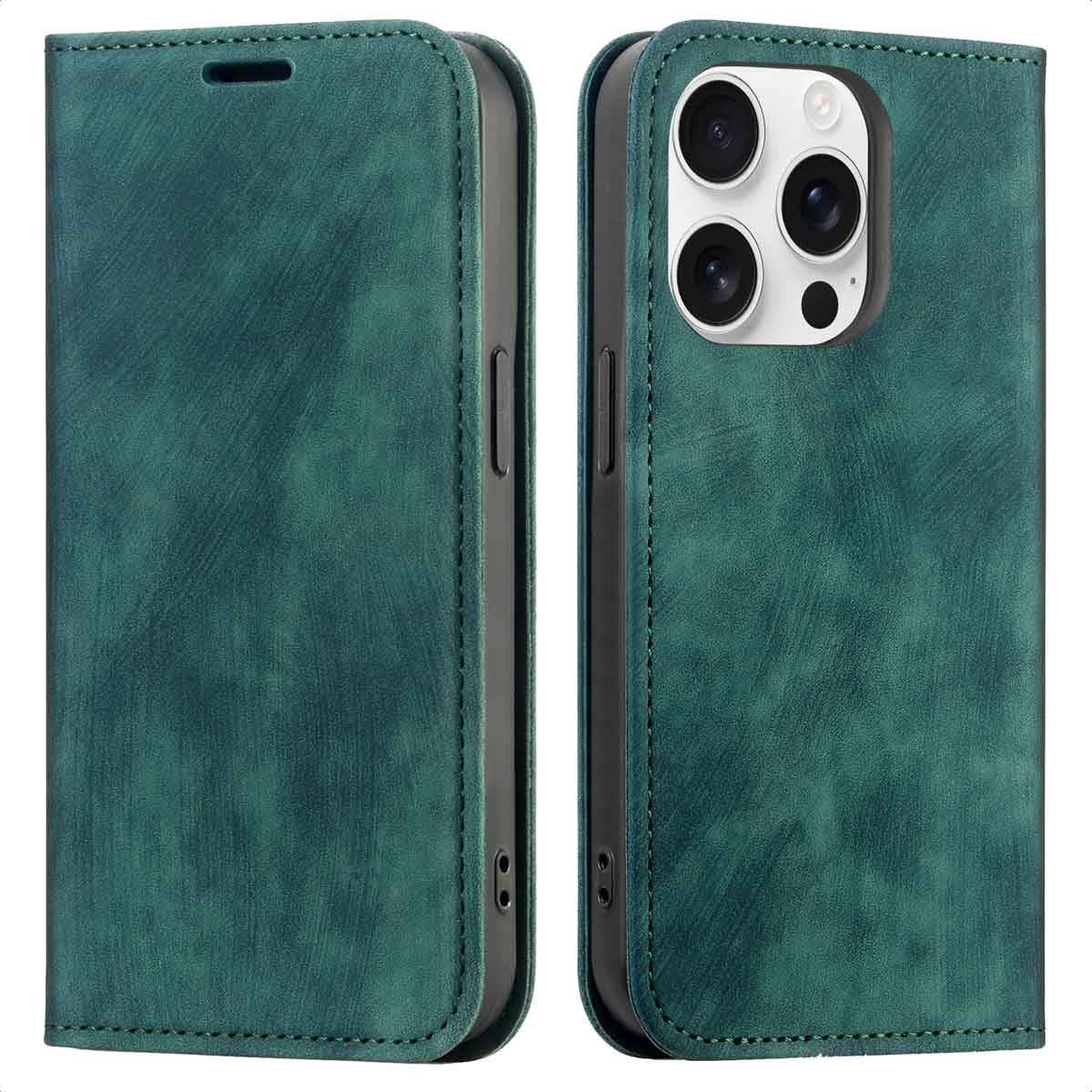 Deux étuis de téléphone sont montrés. Les étuis sont verts et ont une texture semblable à du cuir. Les étuis sont ouverts.