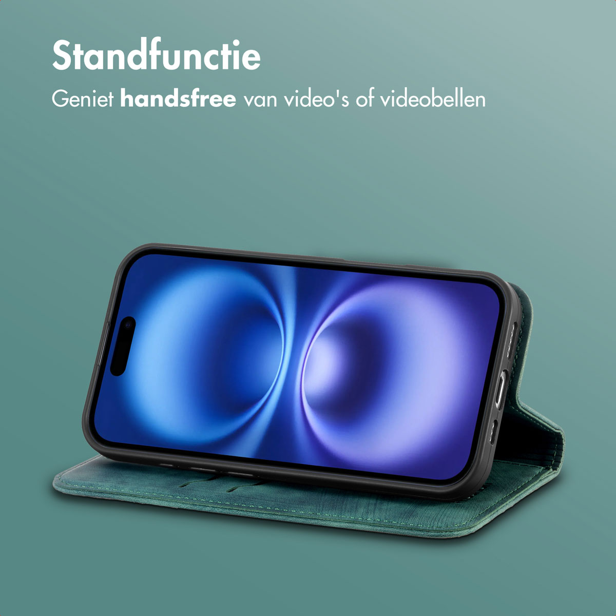 Ein Telefon befindet sich in einem grünen Gehäuse und ist hochgeklappt. Der Bildschirm zeigt ein blaues Design. Der Text lautet: "Genießen Sie freihändige Videos oder Videoanrufe".